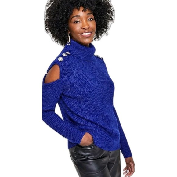 NEW $90 I.N.C. WOMEN'S TURTLENECK COLD-SHOULDER SWEATER MEDIUM SAPPHIRE CRUSH - Picture 1 of 8
